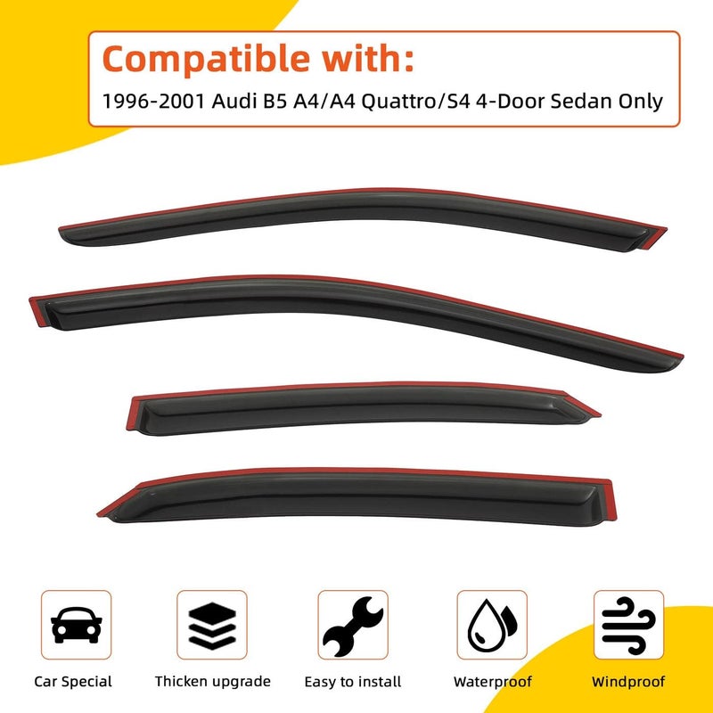PLDDE Rain Guards Compatible with 1996-2001 Audi B5 A4/A4 Quattro/S4 4-Door Sedan Tape-On Side Window Visor Wind Deflector Vent Visors Car Accessories - Image 2